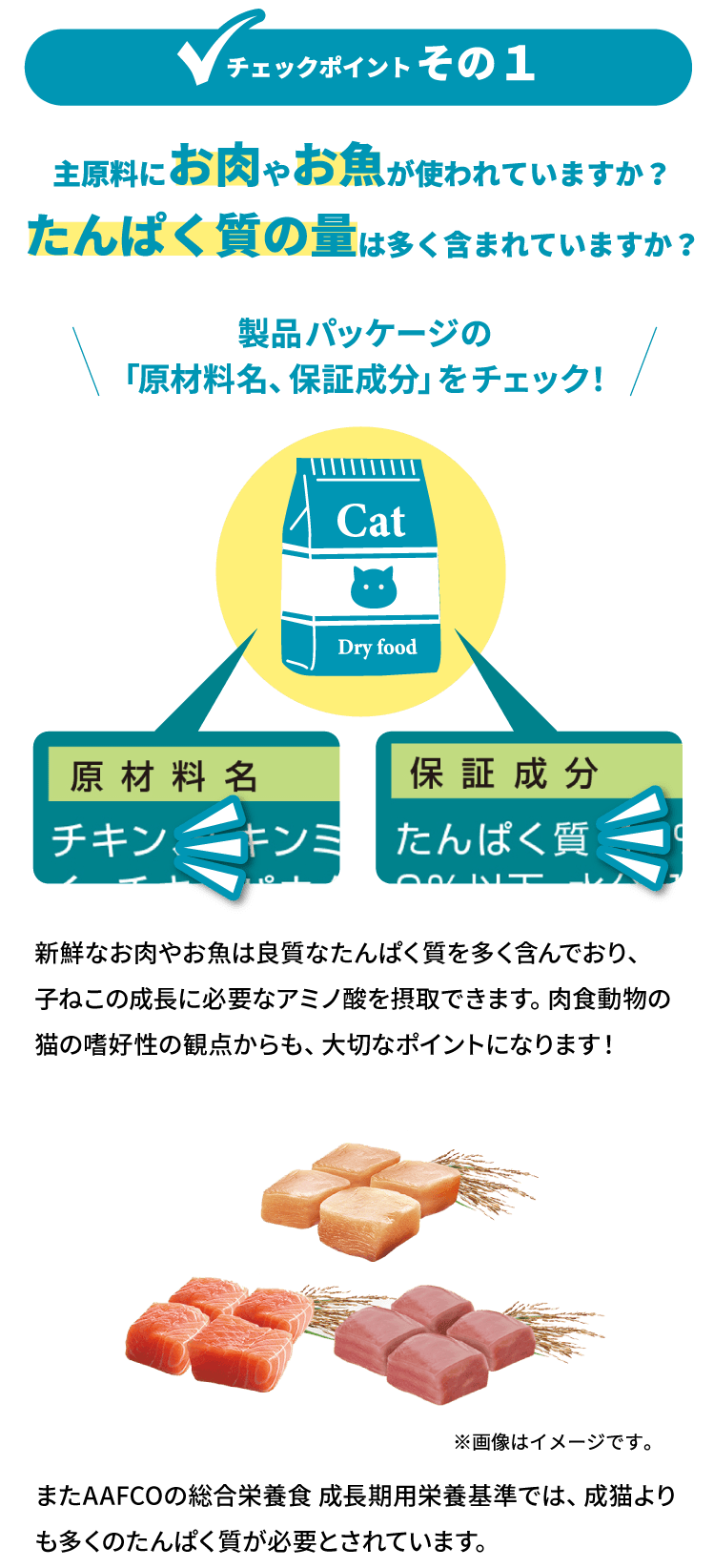 チェックポイントその１ 主原料にお肉やお魚が使われていますか？たんぱく質の量は多く含まれていますか？
