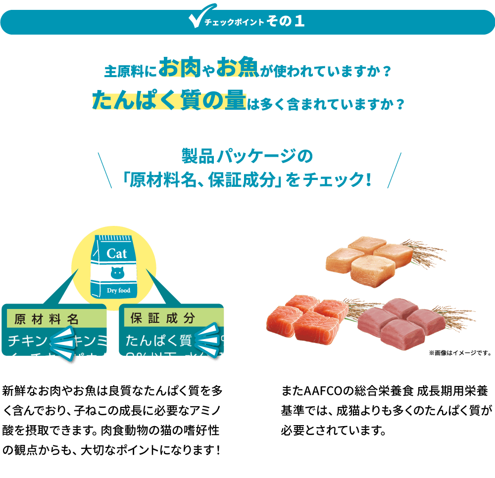 チェックポイントその１ 主原料にお肉やお魚が使われていますか？たんぱく質の量は多く含まれていますか？