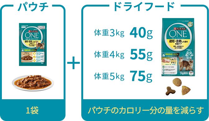 パウチ1袋＋ドライフード（体重3㎏：30g、体重4㎏：50g、体重5㎏：65g）