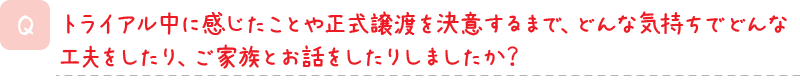 トライアル中に感じたことや正式譲渡を決意するまで、どんな気持ちでどんな工夫をしたり、ご家族とお話をしたりしましたか？